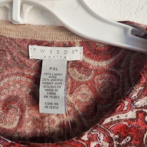 Tweeds Women Red Pasley Lamb Wool/Angora 3/4 Sleeves Cardigan size XL Petite - Picture 4 of 6